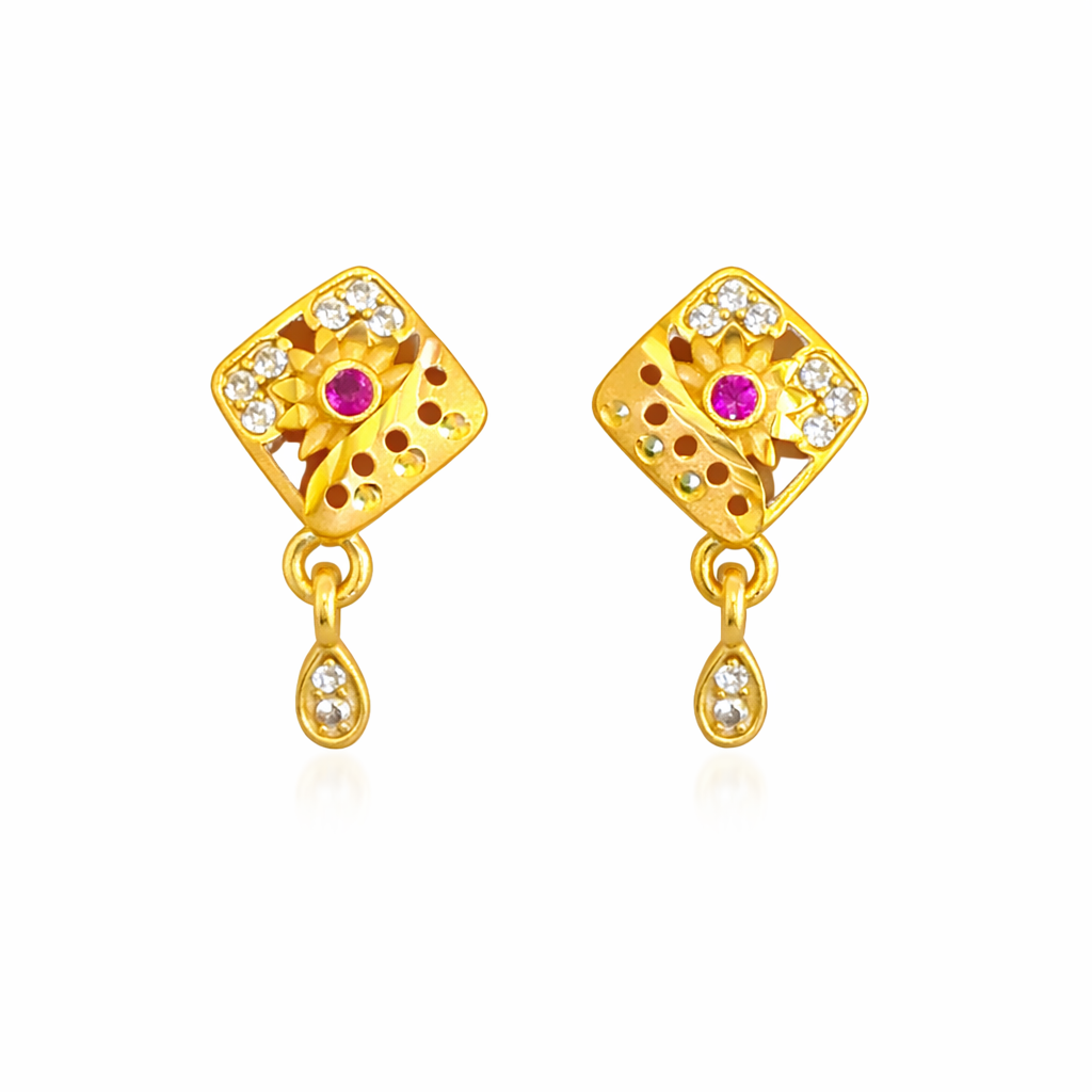 Gold Floral Square Drop Earrings