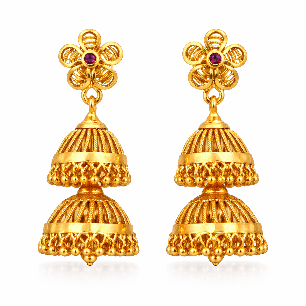 Gold Floral Double Jhumka Earrings