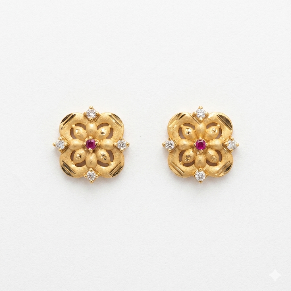 Royal Floral Ruby Gold Stud Earrings