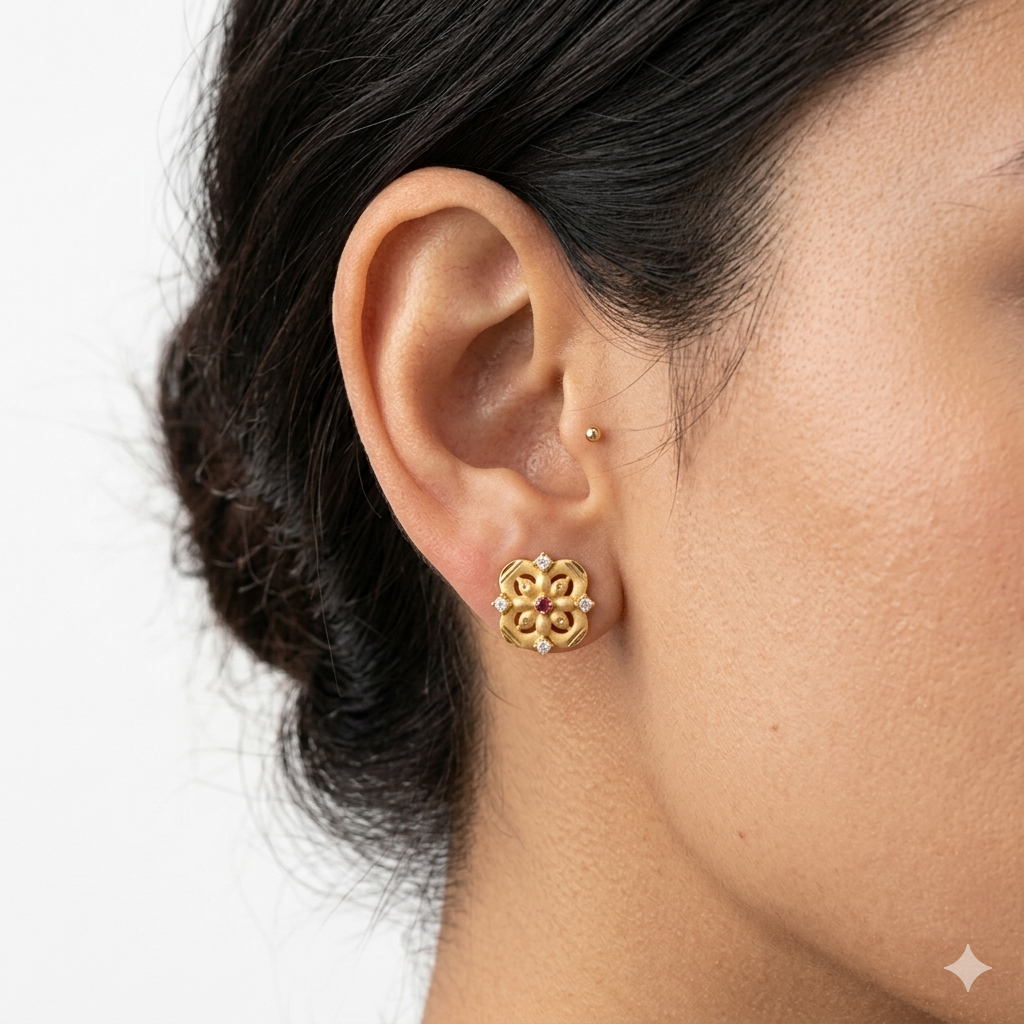 Royal Floral Ruby Gold Stud Earrings