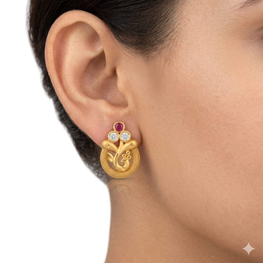Gold Floral Stone Stud Earrings