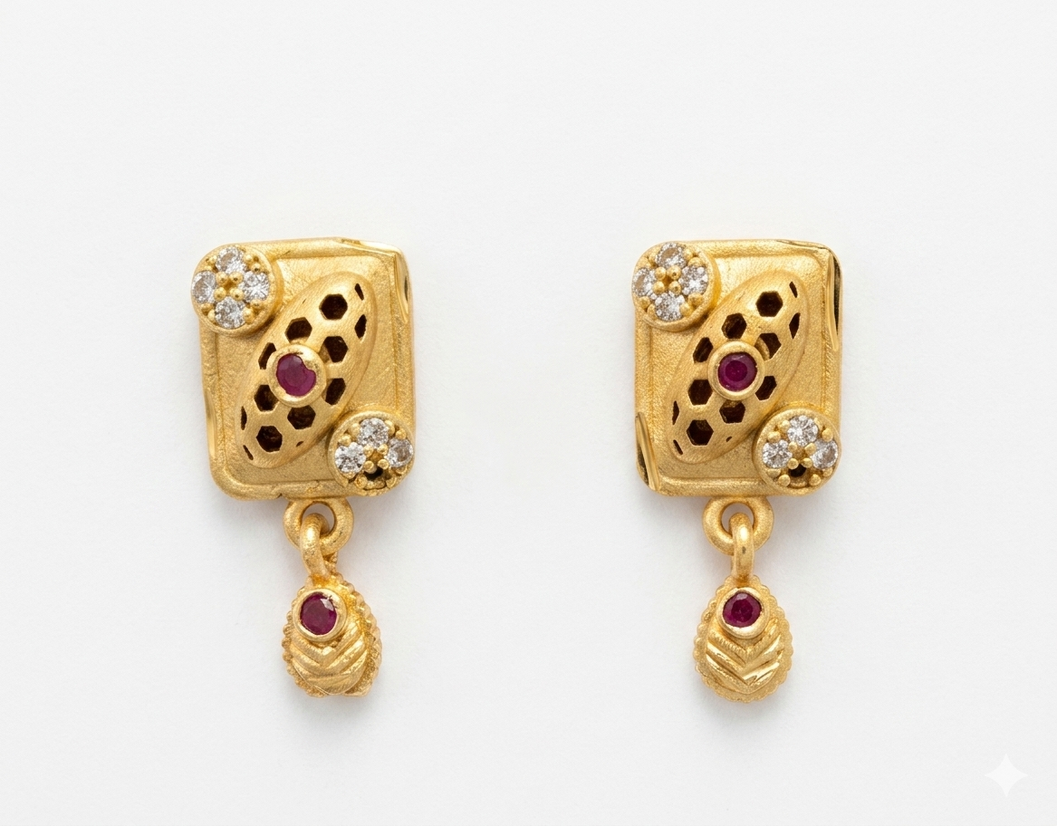 Ruby Accent Designer Gold Drop Earrings