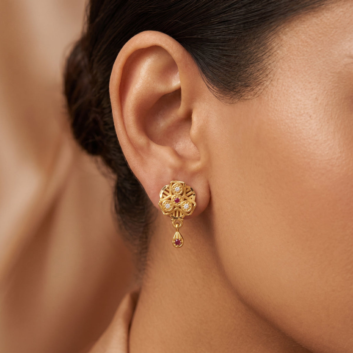Ruby Blossom Designer Drop Earrings