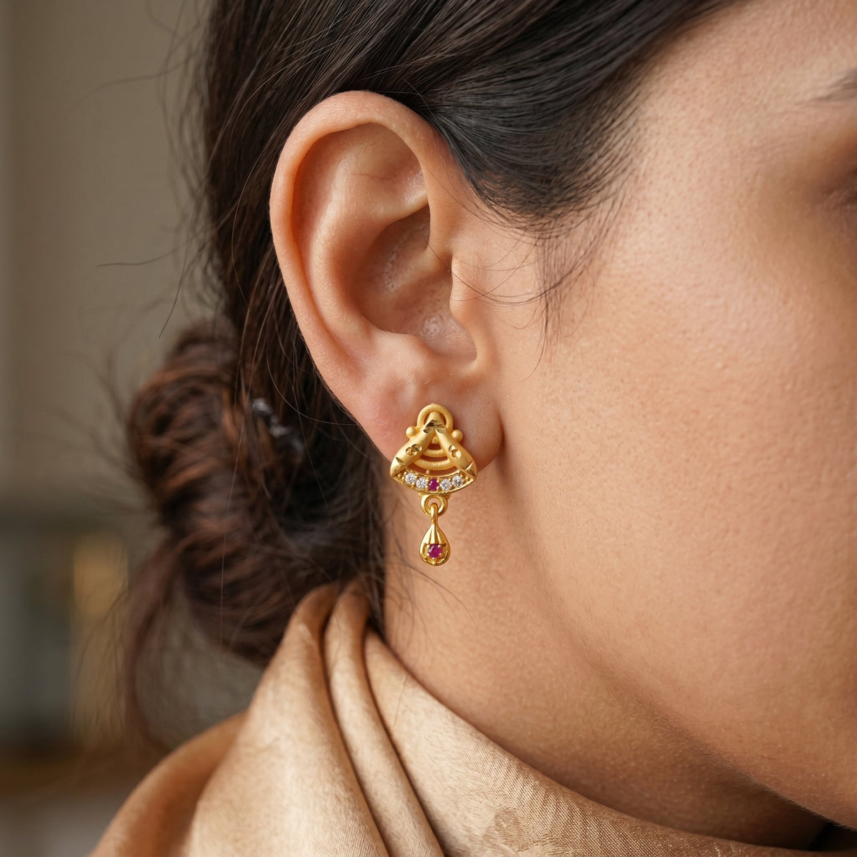 Ruby Accent Temple Drop Earrings